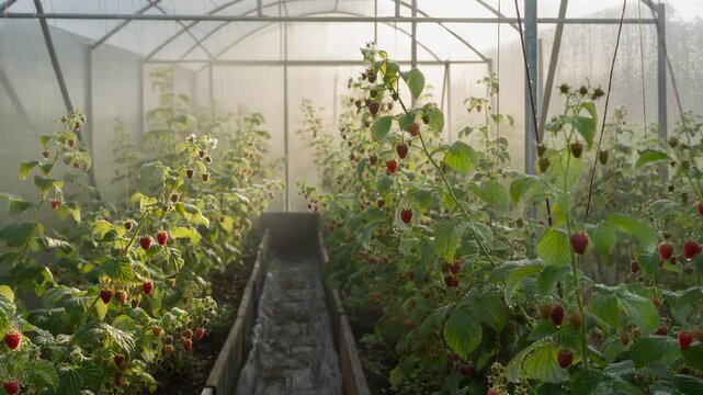 Time lapse of raspberry plants growing and ripening inside a sunlit greenhouse showcasing fresh fruits and greenery