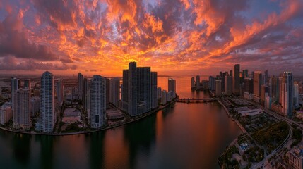 Fototapeta premium Stunning panoramic view of city skyline at sunset with vibrant orange and pink clouds reflecting on calm water river and high-rise buildings in urban landscape