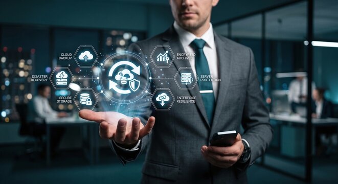 IT professional presenting a futuristic holographic cloud backup and disaster recovery security dashboard.