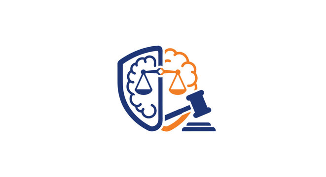 Medical law and ethics icon with brain scales gavel.