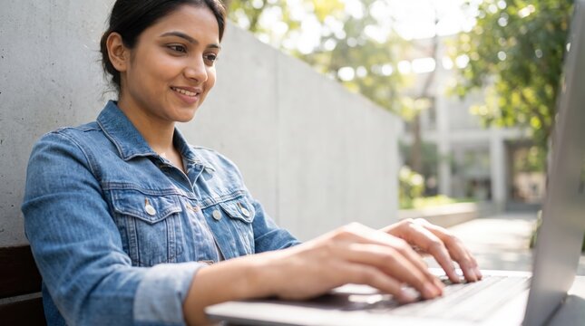 Young Indian woman smiling while typing on laptop outdoors by minimalist concrete building in bright natural daylight, modern remote work, urban lifestyle, authentic microstock photography
