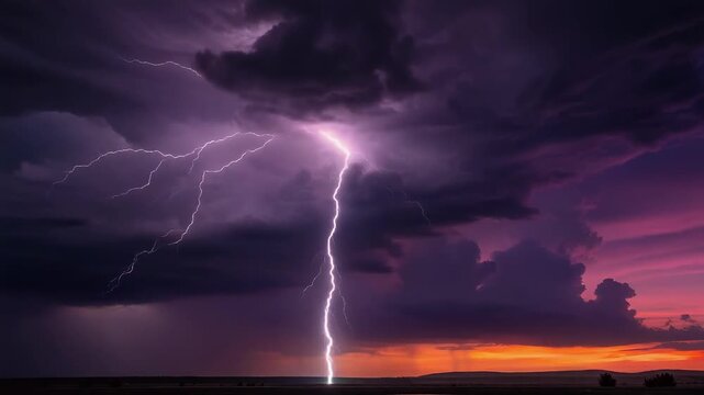 Fierce lightning strike splitting dark storm clouds against vivid purple sky at sunset