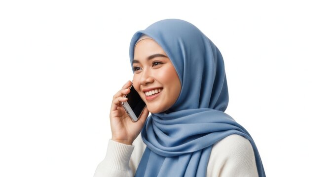 Smiling woman in blue hijab talking on phone