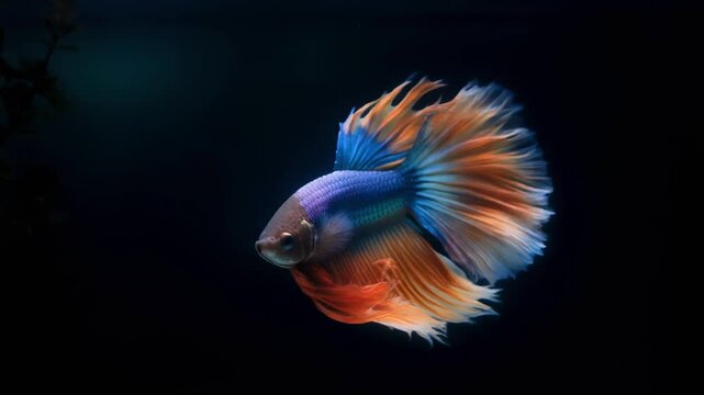 Vibrant betta fish gracefully swimming in dark mystical water with flowing fins and colorful reflections