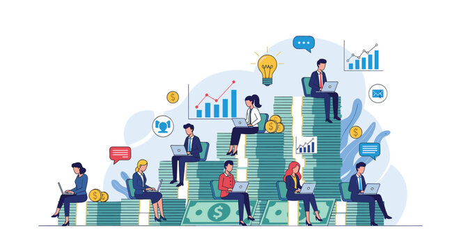 Group of diverse professionals sitting on top of large stacks of cash while working on their laptops to show financial success.