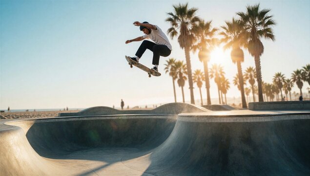 Young male skateboarder performing mid-air jump trick at concrete skatepark during golden hour sunset