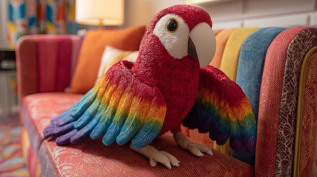 Vibrant red parrot figurine with colorful rainbow wings resting on a soft textured patterned couch fabric