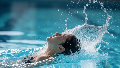 Fototapeta premium Close up of a person’s face emerging from clear blue swimming pool water