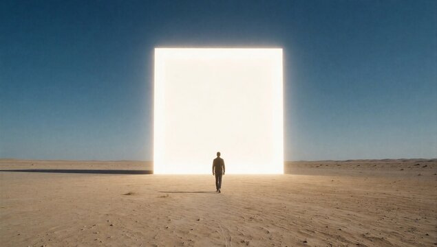 A lonely man standing in a vast desert facing a massive glowing white rectangular portal