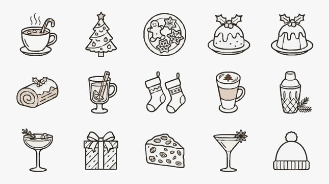 Elegant Black and White Line Drawing Set of Festive Holiday Themed Icons and Drinks for Seasonal Designs