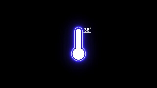 Neon thermometer with 38 degrees celsius temperature display on black background, weather climate heat