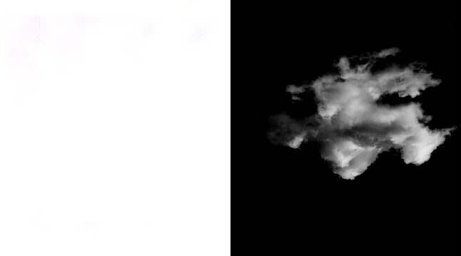 Atmospheric white cloud isolated on black background, fluffy cumulus cloud for photo compositing, realistic smoke or steam texture for design
