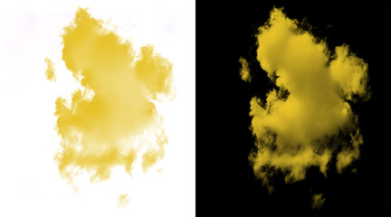 Obraz premium Yellow smoke cloud isolated on white and black backgrounds, vibrant mustard colored powder explosion, abstract sulfur gas effect for design