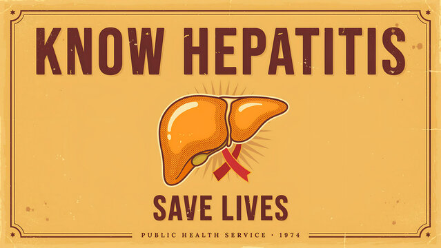 Vintage hepatitis awareness poster, retro public health service sign with liver illustration, medical education banner for liver disease prevention
