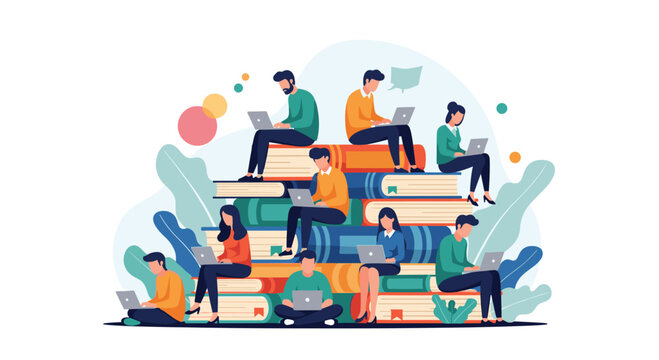 Diverse group of young students and professionals sit on a large pile of books while working on their laptop computers.
