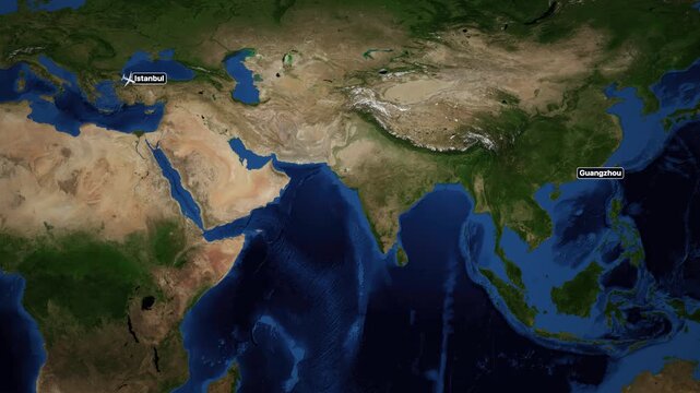 Satellite Map Animation Tracking Flight Path from Istanbul to Guangzhou