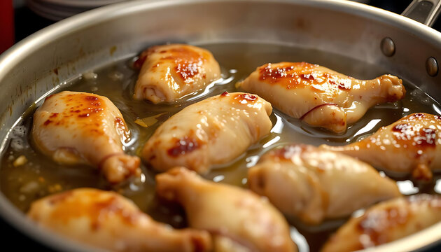 Golden brown fried chicken drumsticks cooking in oil. Crispy battered poultry frying in a pan for delicious meal preparation.