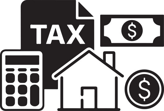 Tax document house calculator and money icons on a white background