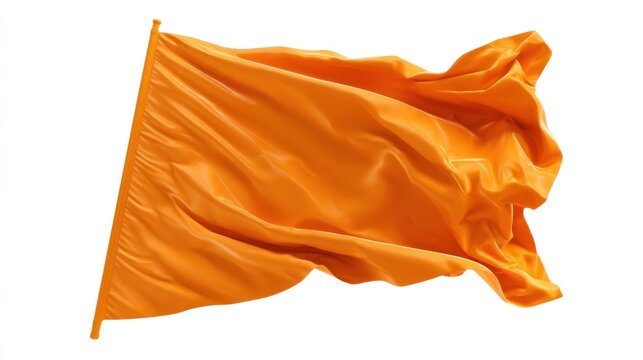 Waving orange flag material on plain white background.