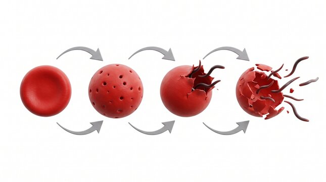  Malaria parasite cycle in red blood cells showing infection and rupture stages on white background