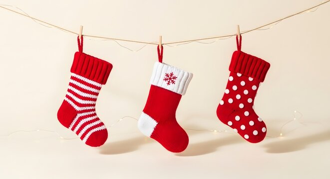 Festive Christmas Stockings Hanging on a Line for Holiday Decor. Bright Holiday Decorations with Red and White Socks. Seasonal Home Decor for Chris...