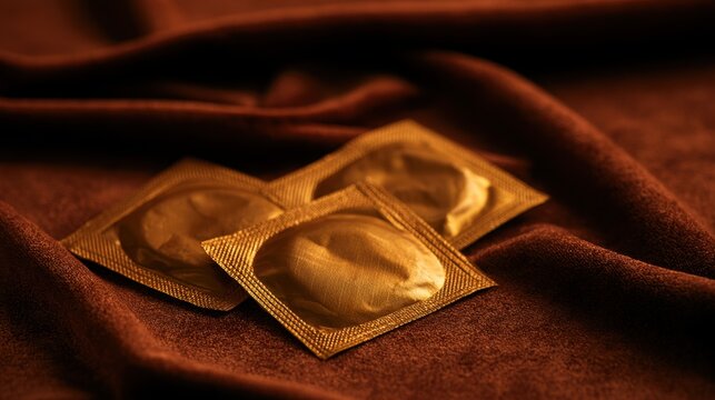 Close-up of three gold colored foil wrapped condom packets lying on soft brown fabric background with warm lighting for intimate health and protection concept