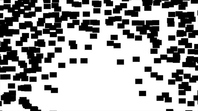 Geometric block dissolution wipe transition animation loop featuring scattering white and black squares transitioning from a solid black screen to a solid white screen and reversing back to black