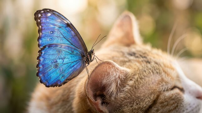 Blue Morpho butterfly perched on a cat ear
