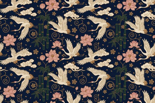 Seamless pattern featuring japanese cranes, pink lotus flowers, and bamboo stalks on a dark navy blue background, for textile printing