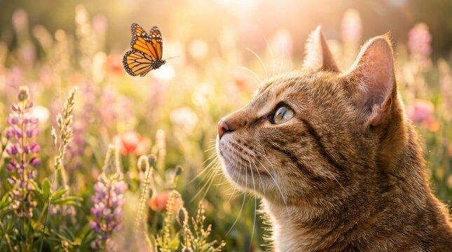 Tabby cat looking at a monarch butterfly in a sunny flower field
