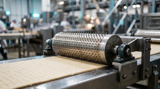 Industrial dough perforating roller on a food production line