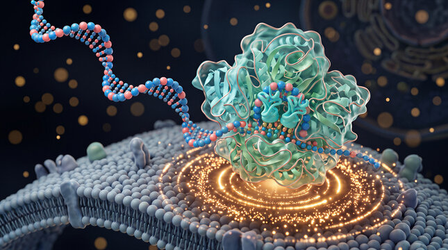 Protein Cell Biology, Molecular interaction on cell membrane with DNA biotechnology medical science vector illustration