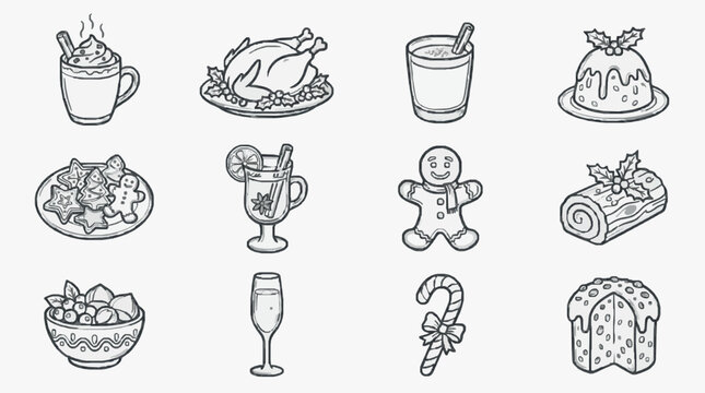 Elegant Black and White Sketch Illustrations of Festive Holiday Treats and Drinks Featuring Gingerbread Roast Cake and More