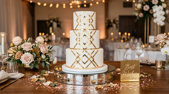 Art Deco wedding cake with gold geometric patterns, elegant three-tier white fondant cake, luxury reception dessert table with floral arrangements