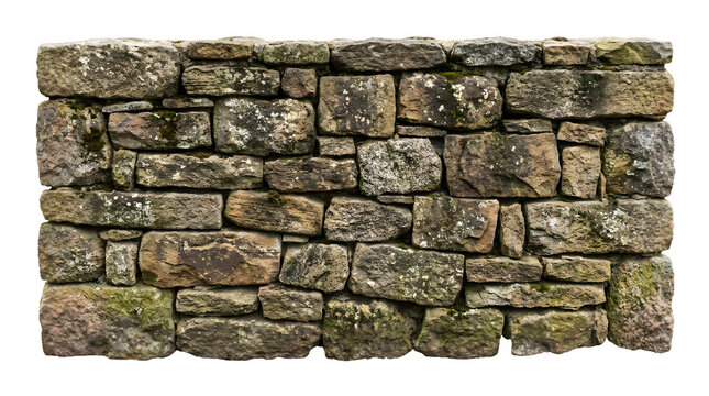 Rustic dry stone wall isolated on white, weathered granite rock masonry texture, traditional field boundary construction for landscaping design