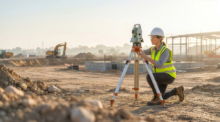 Naklejka premium Female Surveyor Using Theodolite Measuring Land at Construction Site