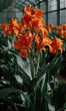 Orange Canna Flowers with Green Foliage in Conservatory Interior