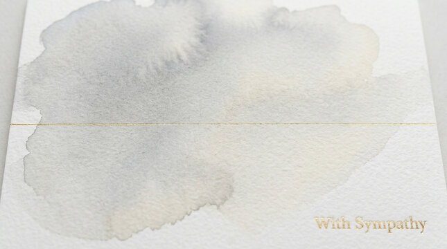 Minimalist sympathy card with gray watercolor wash, elegant condolence greeting card on textured paper, soft abstract ink splash with gold line