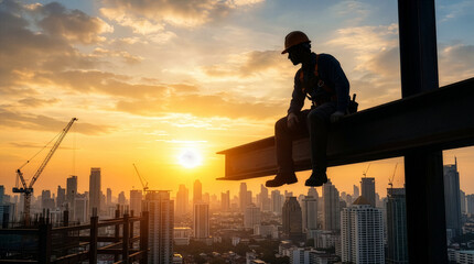 Fototapeta premium Silhouette of Construction Worker Sitting on Steel Beam at Sunset