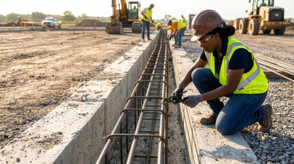Fototapeta premium Black Female Construction Worker Assembling Steel Rebar for Concrete Foundation