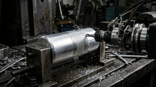Metal cylinder turning on a CNC lathe in an industrial workshop