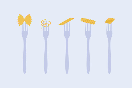 Pastel Blue Forks Holding Various Golden Italian Pasta Shapes Flat Set