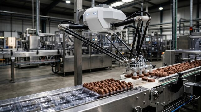 Industrial delta robot arm picking cookies on a factory conveyor line