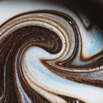 Close-up macro shot of swirling coffee and milk foam creating abstract patterns.
