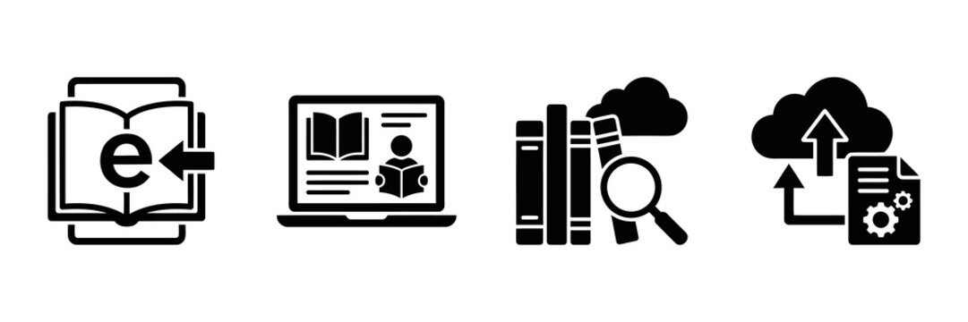 Collection of digital learning and online education icons featuring e-books, cloud library services, and information management, perfect for modern knowledge access