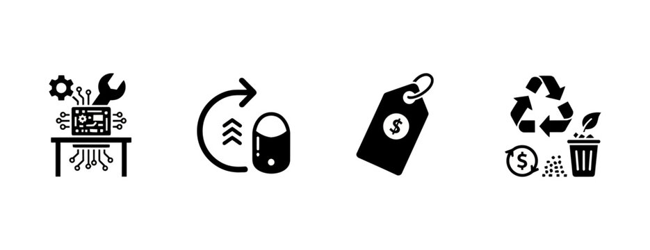 Set of black icons representing electronic device maintenance, circular processing cycles, financial price tags, and ecological waste management strategies