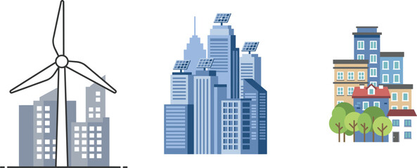 Fototapeta premium Eco-Friendly City Illustration with Wind Turbines, Solar Panels, and Green Housing