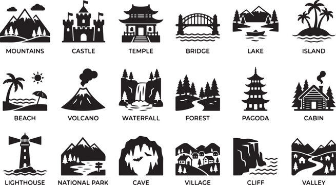 Asian Landmark and Nature Icons Collection &ndash; Black Silhouette Vector Set