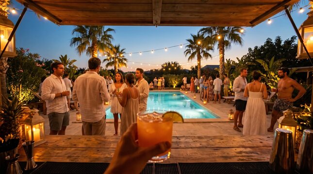 Diverse young people enjoy refreshing tropical cocktails at a vibrant outdoor pool party during a warm summer evening sunset celebration