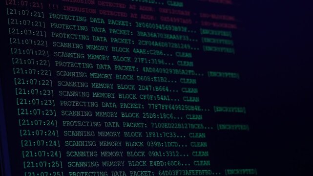 Cyber security system scanning memory blocks and blocking computer network intrusion. Concept of digital firewall active defense protecting encrypted data server.